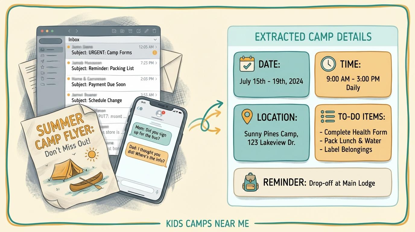 A phone inbox full of camp emails next to a clean organized family plan with dates and locations extracted