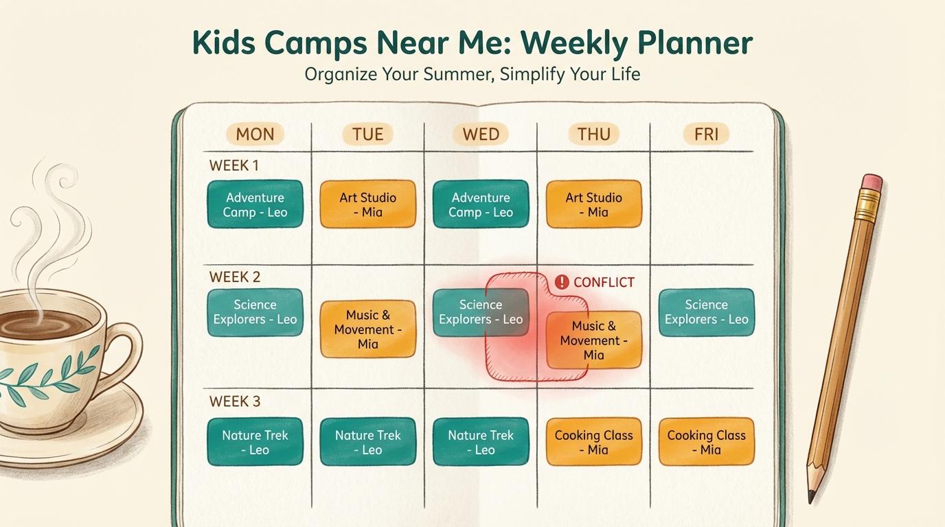A weekly calendar grid with colored blocks showing different kids' camp schedules across the summer