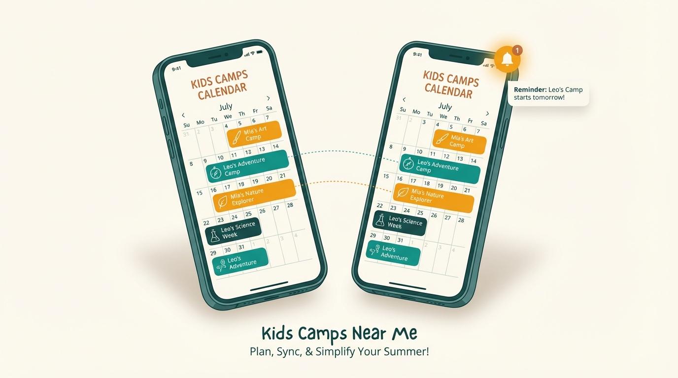 Two phones side by side showing the same family camp calendar, with color-coded events for each child