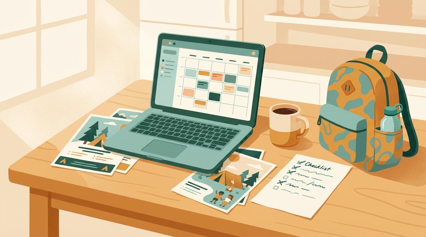 A table with a laptop showing a camp calendar, camp flyers, a checklist, and a backpack